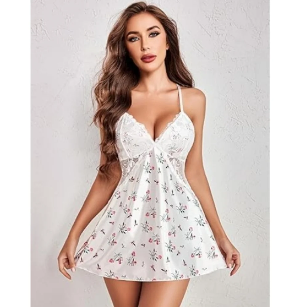 Avidlov Lingerie VNeck Nightwear Satin Lace Chemise Mini Teddy White Nighty - Picture 7 of 9